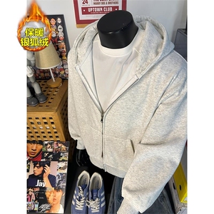 新款480g重磅保暖银狐绒双拉链连帽卫衣外套男W24581J加绒-特P40图片