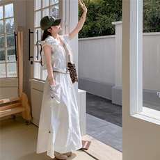 米白色工装套装裙女2025夏季新款韩系松弛感连帽马甲半身裙两件套，女装套装/套裙，2C159