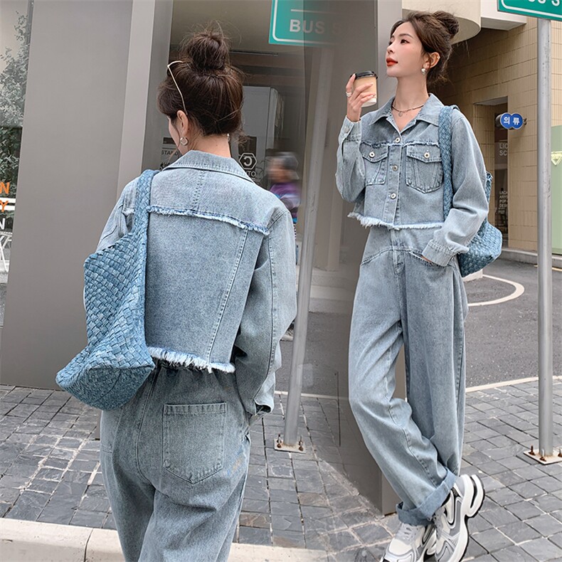春季新款牛仔时尚两件套女宽松显瘦气质外套+阔腿裤套装,女装套装/套裙,秋水欣儿