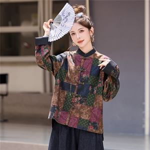现货新中式盘扣短外套女2025秋季新款复古印花高级感气质减龄上衣图片