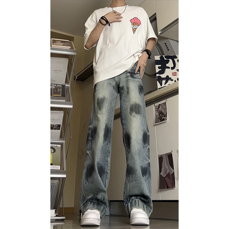 现货~美式复古水洗破坏牛仔裤高街直筒染脏裤子XZ1002-K7739-P60,男装牛仔裤,星座908