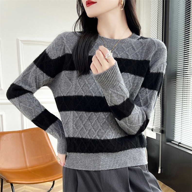 长袖套头条纹羊毛衫羊毛舒适保暖，女装羊毛衫，蒙莲贝斯
