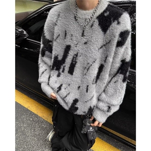 仿貂毛慵懒风秋冬毛衣男款小众设计感撞色圆领套头针织衫