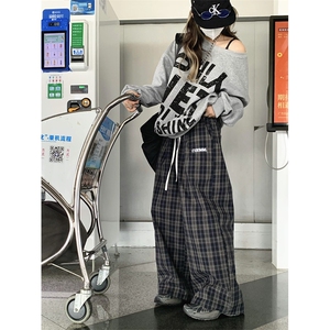 美式格子阔腿裤男女宽松休闲直筒垂百搭感拖地长裤子 K662图片