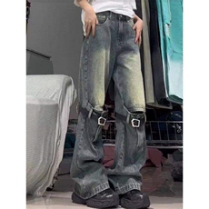 立体皮带绑带牛仔裤男水洗做旧美式高街裤子夏季高腰工装微喇叭裤，男装休闲裤，星座1008