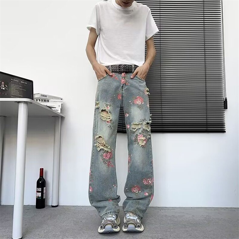 1506A/GA0100/P48复古花卉满印牛仔裤男夏季美式高街,男装牛仔裤,星座1506A
