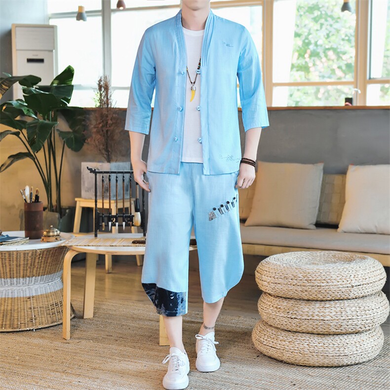 夏季亚麻男士套装开衫休闲运动衫七分裤风A266-1-TZ4058-P75,男装休闲套装,电商A266-1