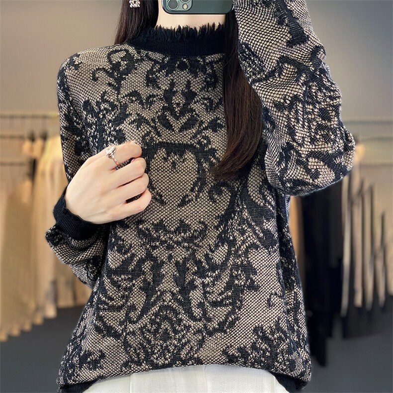 小众设计感半高领拼色提花长袖针织衫女气质时尚百搭打底保暖毛衣,针织衫/毛衣,暖烁羊绒