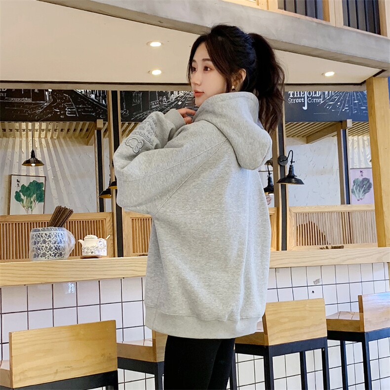 灰色连帽卫衣女秋冬加绒加厚韩版宽松慵懒风oversize外套潮流帽衫,女装卫衣/绒衫,梦懿尔