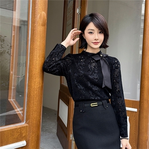 2025秋冬转新款百搭蕾丝法式蝴蝶结长袖小衫高级感上衣打底衫图片