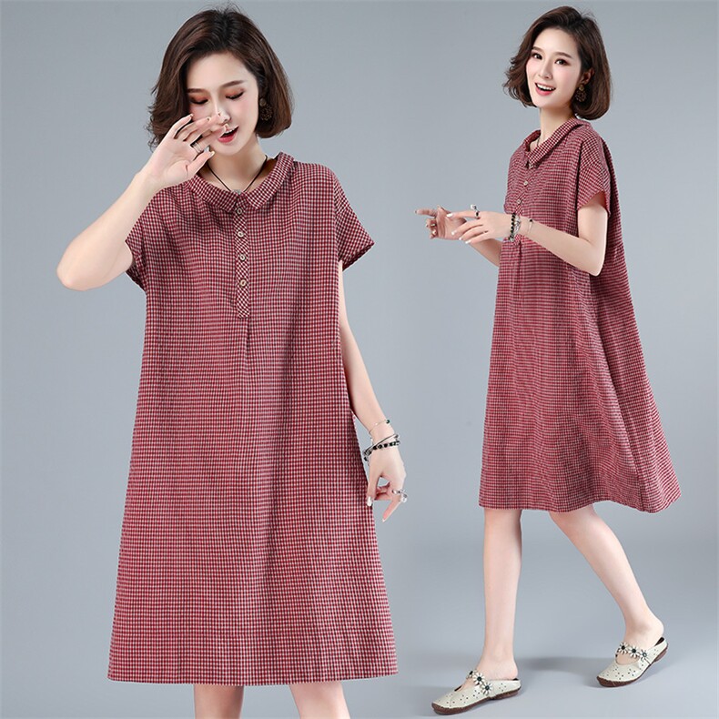 清仓捡漏专柜外贸剪标女文艺复古格子棉麻连衣裙宽松亚麻衬衫裙子，女装连衣裙，江忆布依