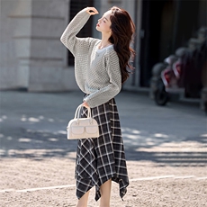 套装女2025秋季新款时尚气质镂空圆领长袖上衣半身裙两件套，女装套装/套裙，天丝秀