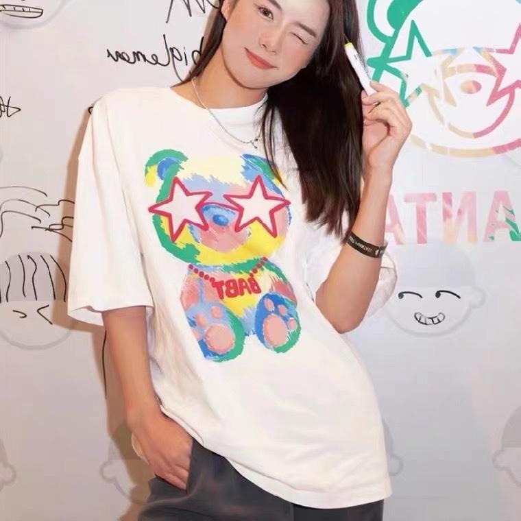 新款百搭减龄彩色五角星小熊发泡印花宽松显瘦短袖T恤,女装T恤,L·H·X