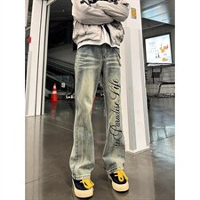 复古蓝字母印花微喇牛仔裤男春秋高街裤子直筒修身阔腿裤NS6078，男装牛仔裤，星座1116A（原606A-3）
