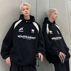 潮情侣美式复古撞色拼接插肩袖卫衣重磅连帽卫衣男W91-P78，男装卫衣，电商C307