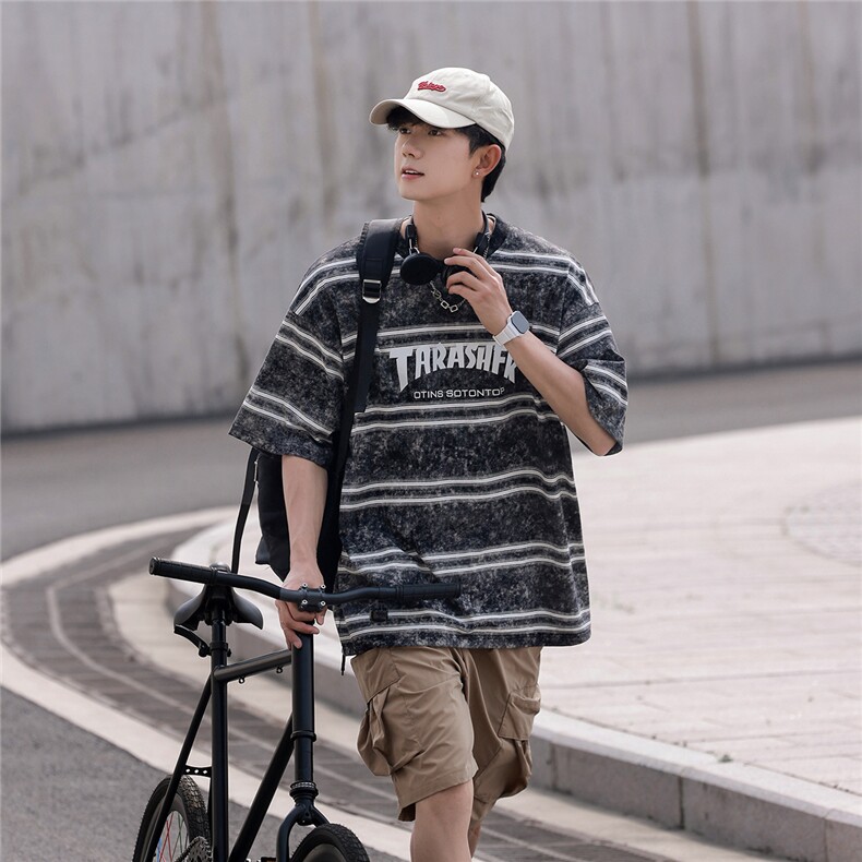 2025夏季新款经典条纹250克宽松港风T恤T1028/P55控79-双沙100棉,男装T恤,电商A148