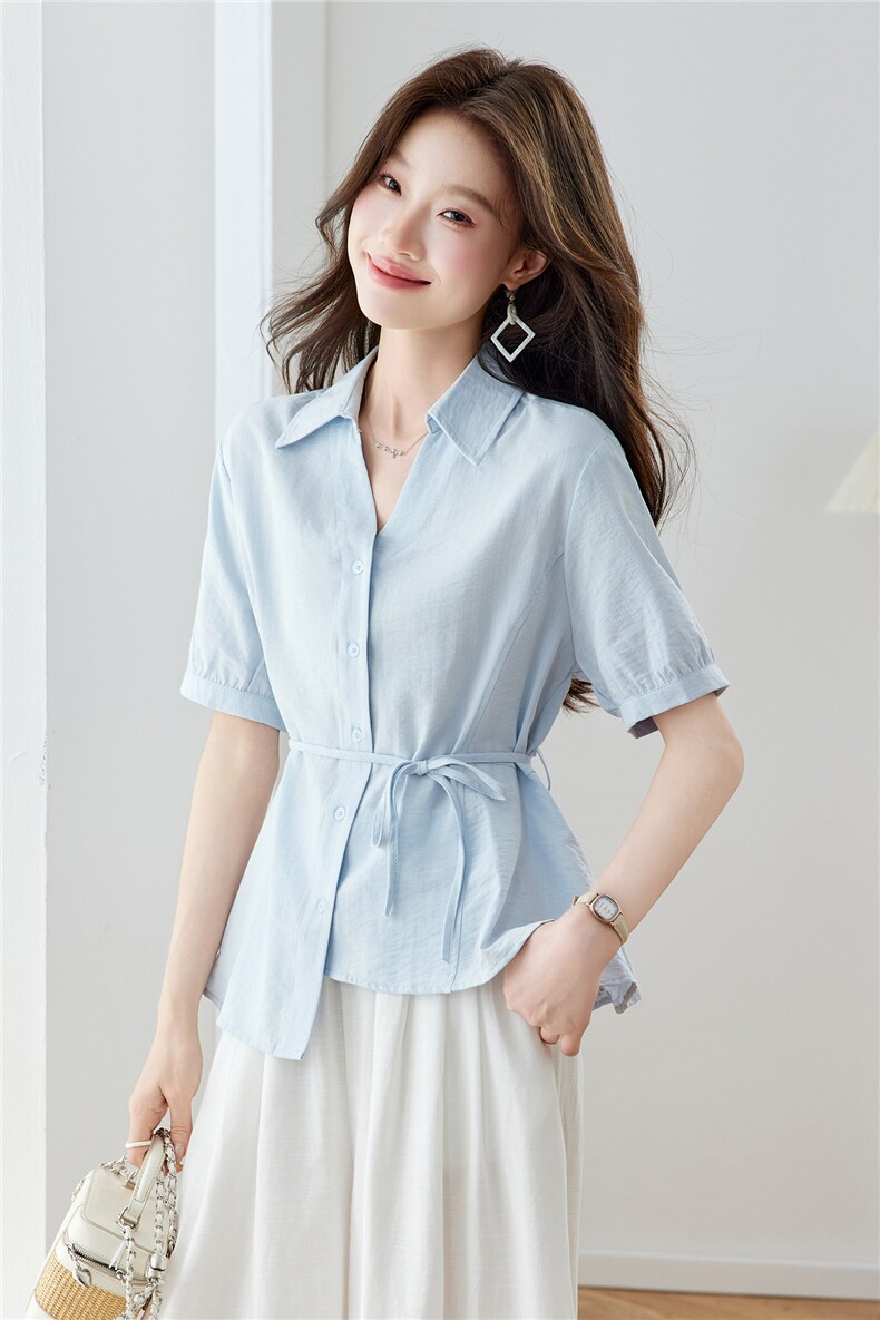 现货2026年夏季设计感通勤风时尚简约优雅绑带收腰不规则下摆女士,女装衬衫,木子恋