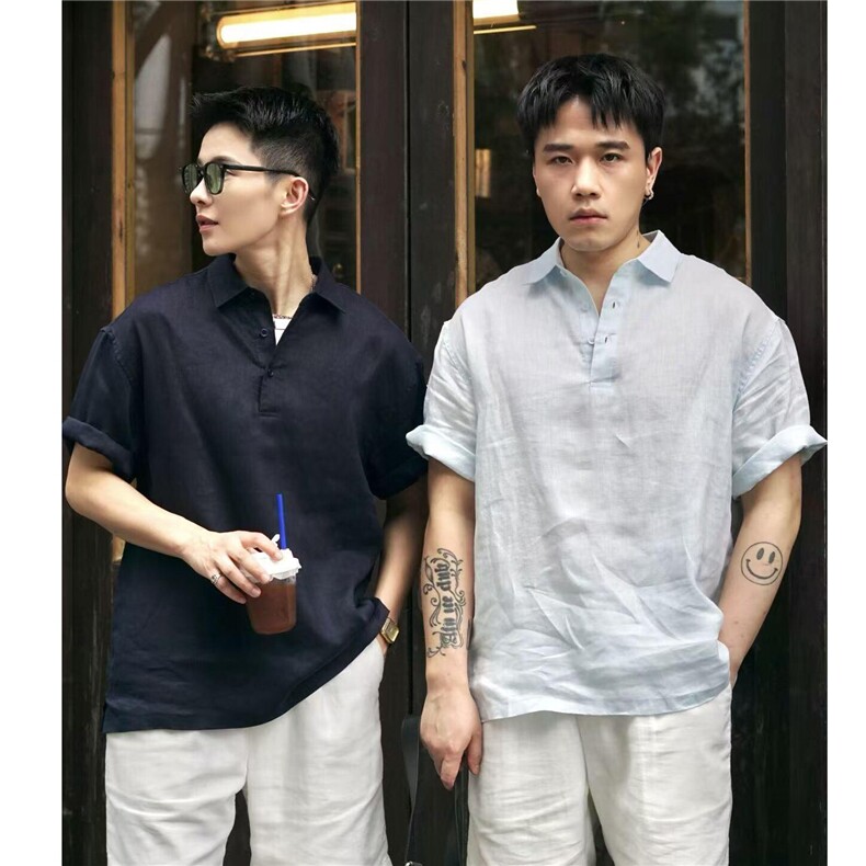 麻棉混纺短袖衬衫宽松休闲衬衣D328-C9945-P40特,男装T恤,电商D328