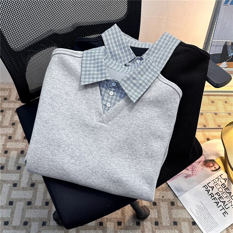 美式潮牌小众时髦高街假两件翻领卫衣衬衫拼接层次感上衣-V002图片