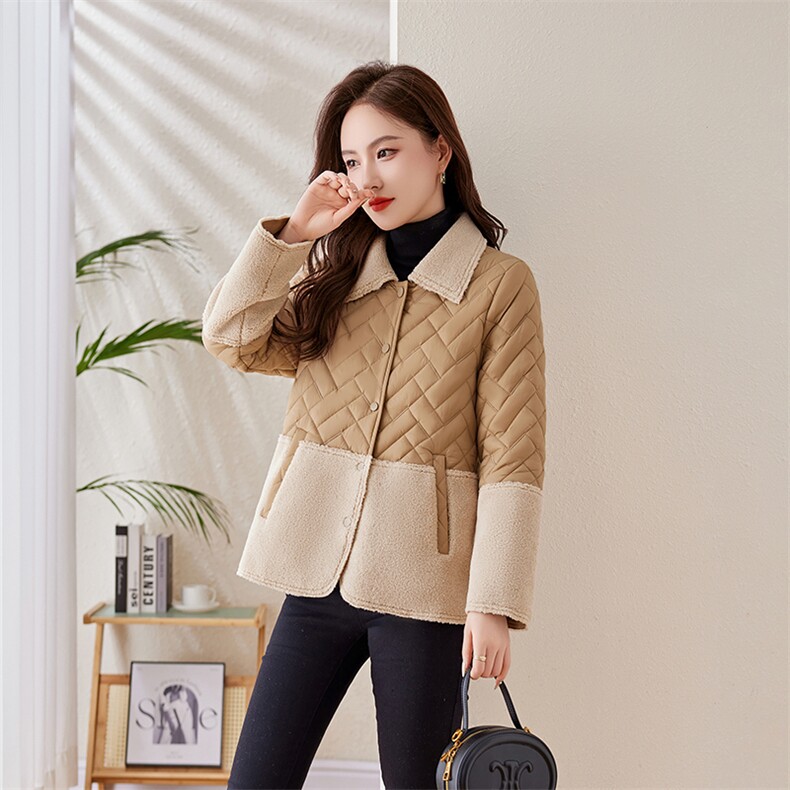 羊羔毛拼接轻薄羽绒棉服女2024冬新款时尚菱格夹棉保暖棉服小棉袄,女装棉衣/棉服,姿衣坊