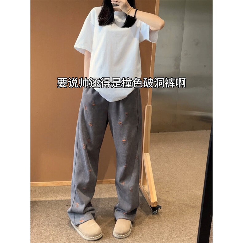 水洗破洞弯刀卫裤男款美式复古运动裤子ootd穿搭设计感宽松直筒裤,男装休闲裤,星座815A