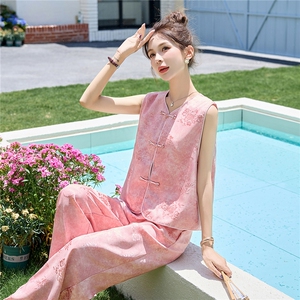 现货新款休闲重工艺女夏薄款宽松小个子时尚新中式气质两件套图片