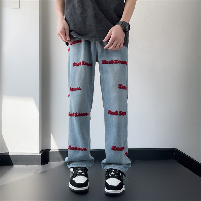 hiphop高街设计感牛仔裤男宽松直筒拖地裤毛巾绣阔腿裤N6505-p45,男装牛仔裤,星座1008