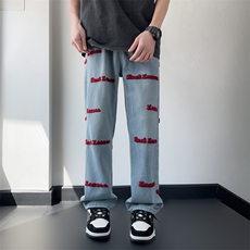 hiphop高街设计感牛仔裤男宽松直筒拖地裤毛巾绣阔腿裤N6505-p45，男装牛仔裤，星座1008