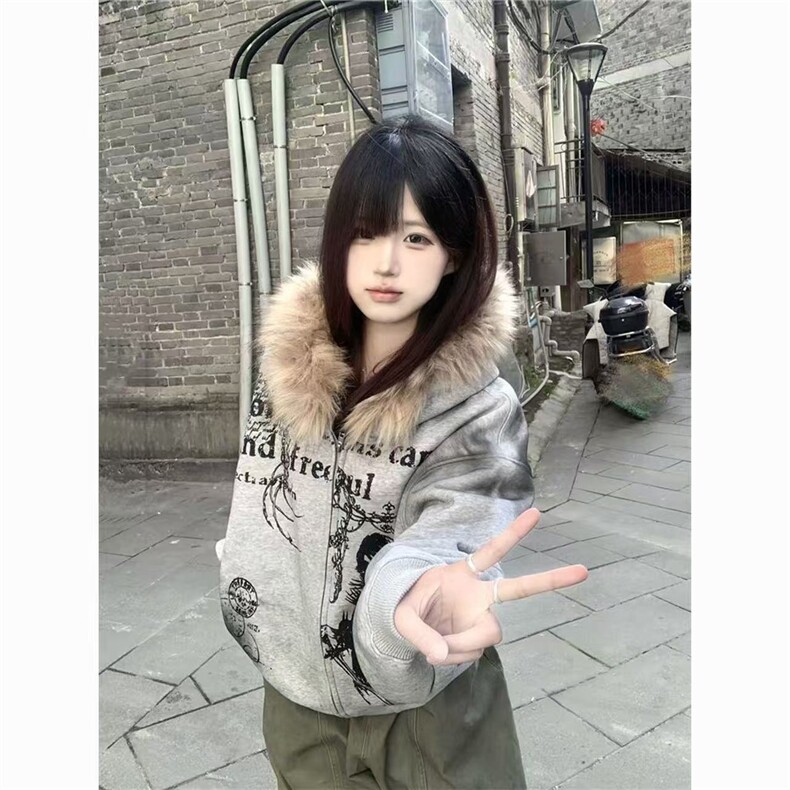 1506-01/MZL2081/P66美式复古重磅毛领连帽卫衣慵懒感开衫外套,女装短外套,星座1506-1