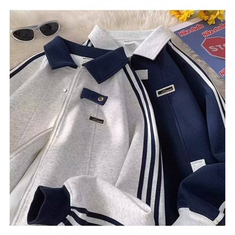 美式拼接运动夹克男生秋冬加绒三条杠开衫卫衣潮牌翻领棒球服外套,男装夹克,星座1013-1