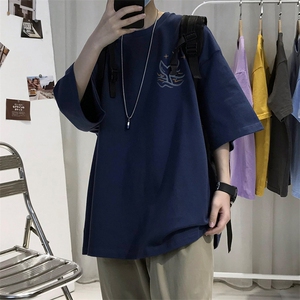 T010常年款男士休闲字母印花T恤衫外套圆领半袖五分袖TEE男女中性