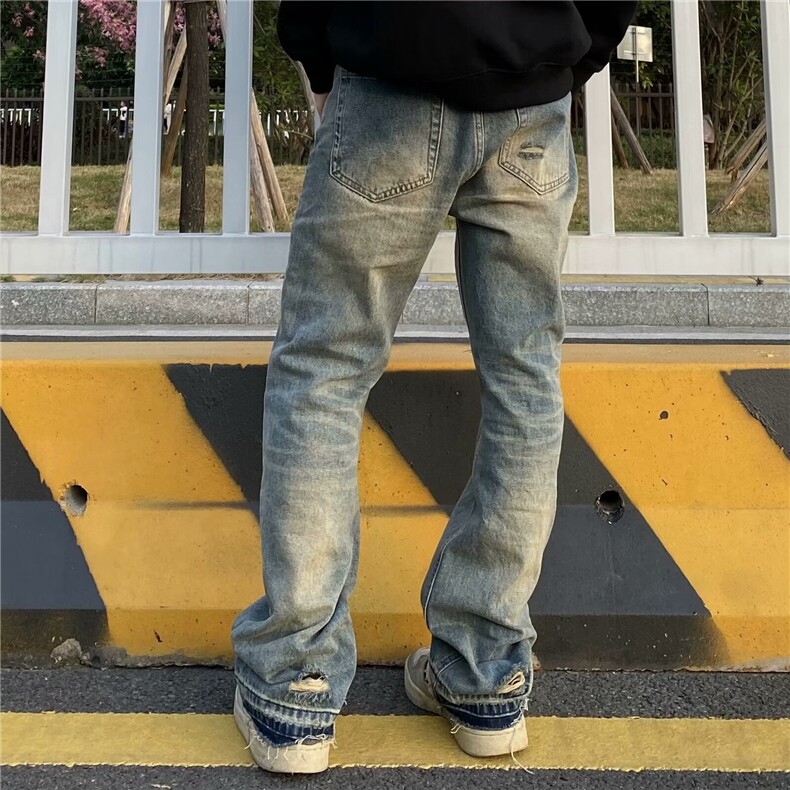 美式高街vibe做旧黄泥染水洗牛仔裤男潮ins直筒微喇cle,男装牛仔裤,星座218-1（原230）
