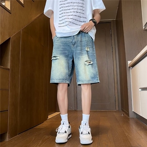 2024夏季新款破洞牛仔短裤男直筒宽松乞丐五分裤潮流男裤,乞丐破洞裤穿搭图片