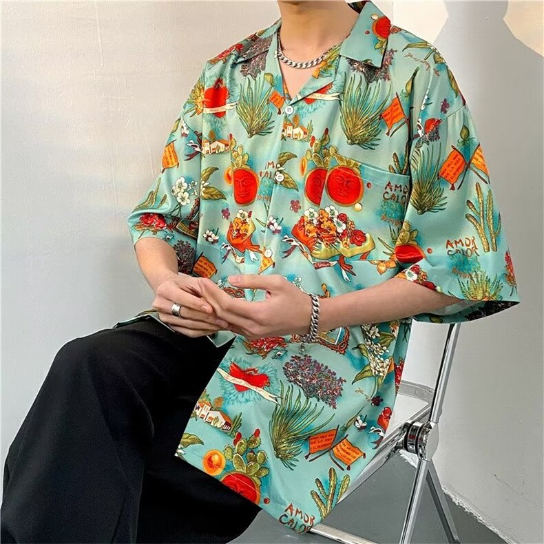 日系五分袖春夏季新款衬衫潮流慵懒男方领宽松型衬衫C1322P30,男装衬衫,星座1116-2