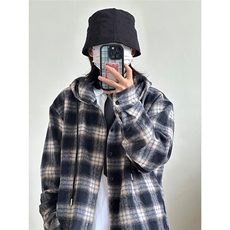 数据毛呢连帽格子衬衫磨毛中性加厚连帽衬衫外套CS069-P48，男装衬衫，星座301C-5