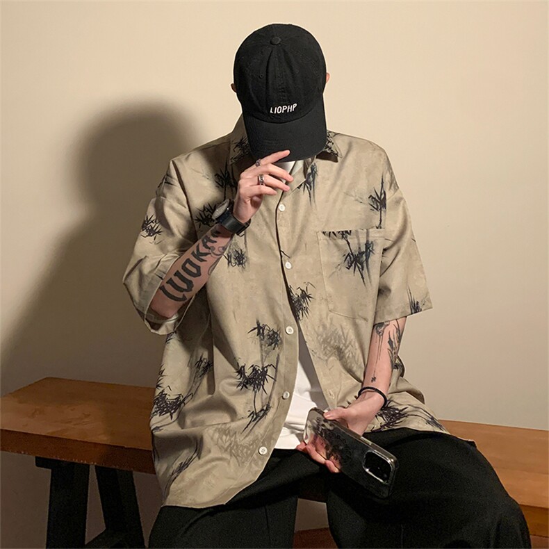 风墨竹衬衫X5531-TP25不控价复古印花中式青少年休闲宽松衬衫,男装衬衫,电商A102-1
