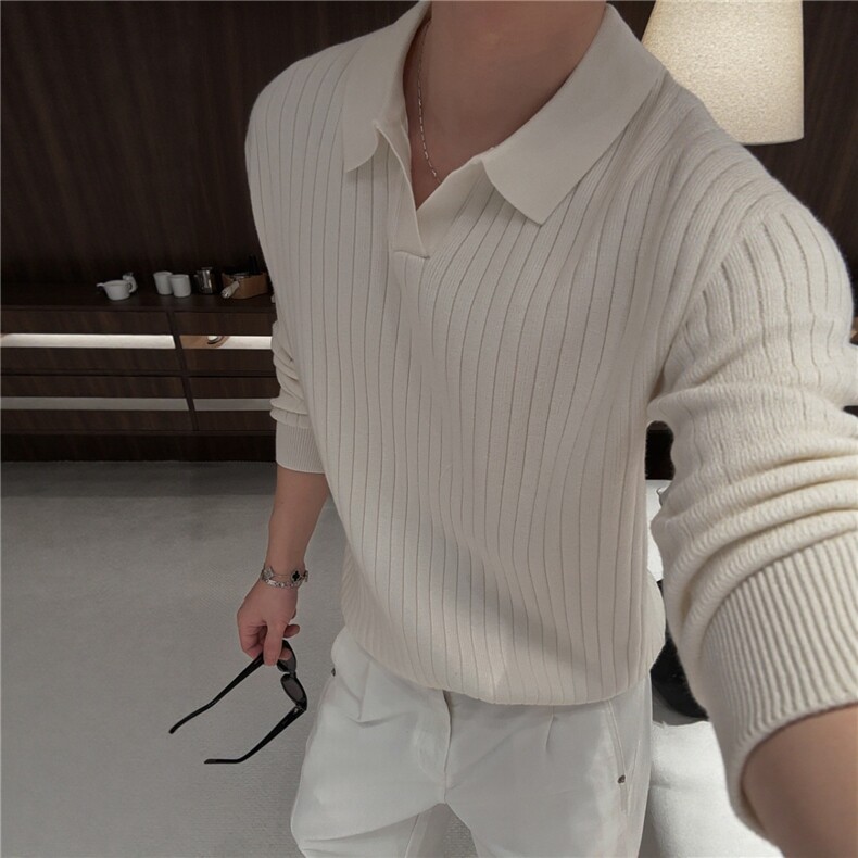 JY546-P54复古翻领条纹长袖POLO衫坑条针织衫男高级感套头毛衣，男装针织衫/毛衣，星座1501-3