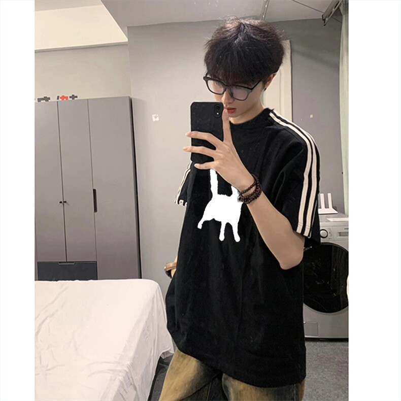 抖音得物高品质二开240克宽松纯棉美式潮牌三条杠织带短袖T恤，男装T恤，电商A486