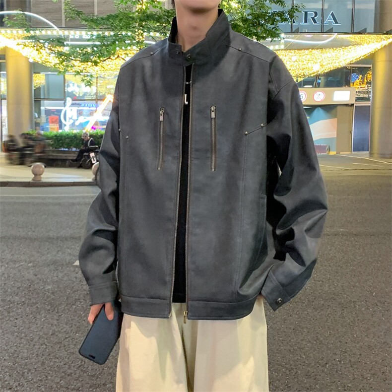 港风高街痞帅男装外套美式短款潮牌工装皮衣夹克A157B-J193-特P85图片