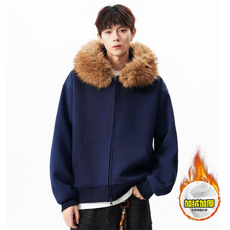 480G重磅加绒硬挺boxy秋冬美式高街超大毛领座山雕连帽卫衣厚外套，女装短外套，电商A486-1