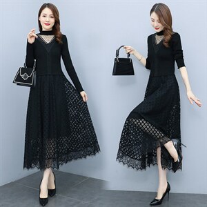2023秋季半高领镂空线衣配蕾丝长款打底连衣裙，女装连衣裙，安之芮娜