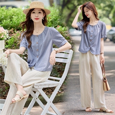 现货，，竖条套装女2025夏季新款高级感气质显瘦阔腿裤两件套，女装套装/套裙，依万里