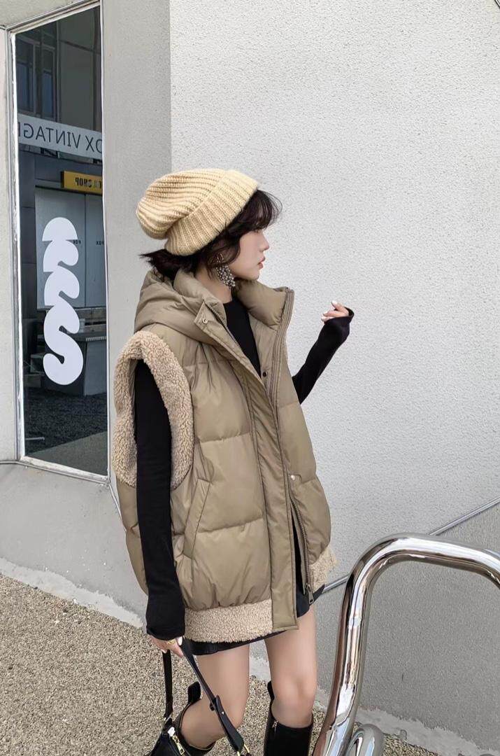 爱美欧，现货，羊羔毛拼接羽绒马甲，女装马甲，爱美欧