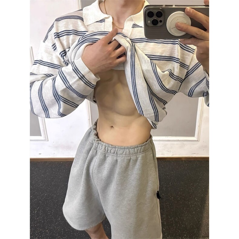 706-1-T7531-P38特P现货秋季男士慵懒风V领条纹polo衫长袖T,男装Polo衫,星座706-1