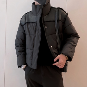 B08/P108控148冬季痞帅百搭黑色系皮料毛边设计感格子棉衣男黑首2图片