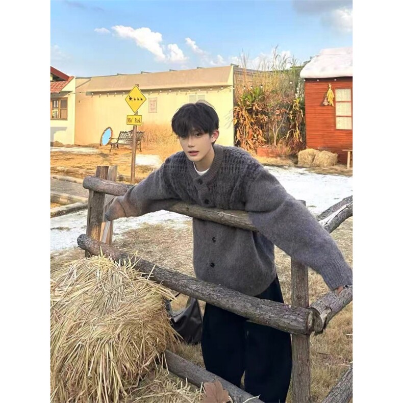 美式复古简约软糯拼色设计感针织开衫男女慵懒风毛衣Q109P65，男装针织衫/毛衣，电商D256-3(原A064-3)