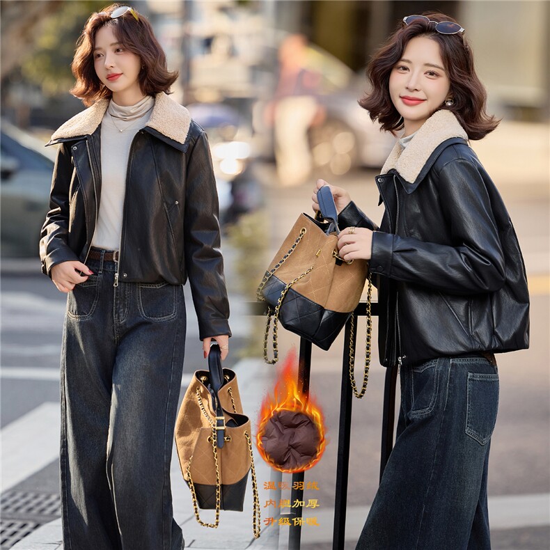 【冬季新款】大量现货大毛领金属丝皮90绒短款皮羽绒服外套，女装皮衣，魅衣本色