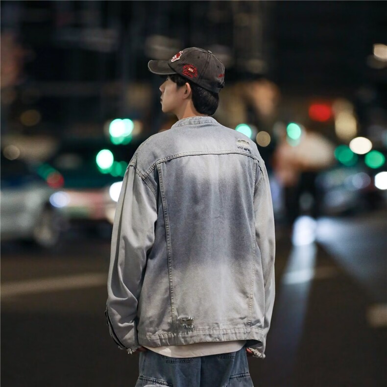 美式潮牌复古渐变水洗牛仔外套男设计感拉链装饰工装夹克H54/P75,男装夹克,星座506