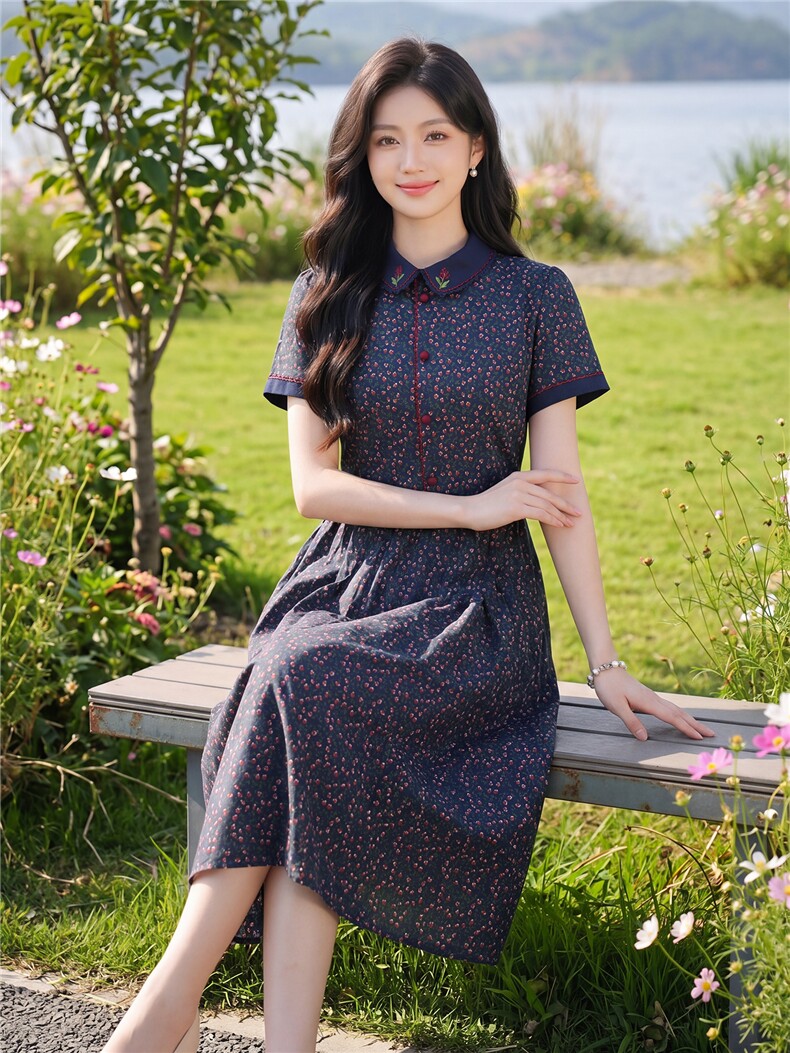 田园风斜领碎花刺绣连衣裙女春夏收腰显瘦中长裙,女装连衣裙,水衣源