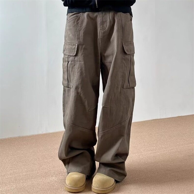 2025美式复古大口袋轮廓工装裤女直筒设计感休闲高腰阔腿百搭长裤，女装休闲裤，星座506A